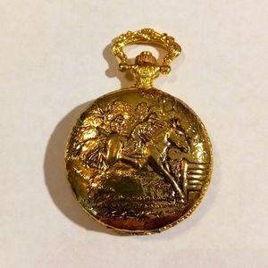 Vintage gold pocket watch, horse racing design.